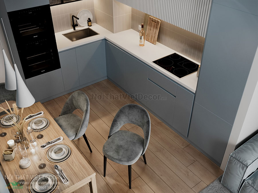 Nội thất Việt Decor mẫu phương án thiết kế phối cảnh 3D nội thất đẹp hiện đại căn hộ 1 phòng ngủ, nhà bếp