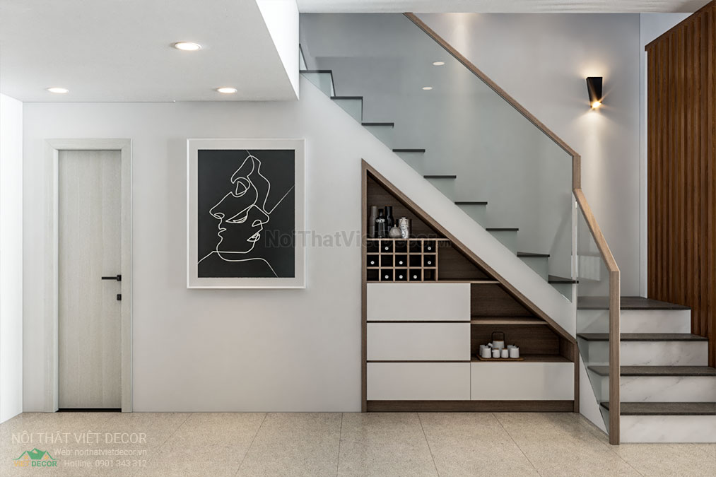 Nội thất Việt Decor thiết kế thi công nội thất nhà phố 3 phòng ngủ tại huyện Nhà Bè, thành phố Hồ Chí Minh, tủ dưới thang bộ