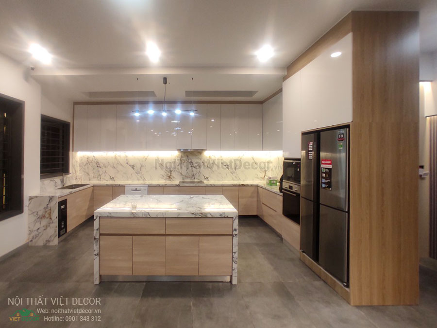 Nội Thất Việt Decor thiết kế thi công nội thất, tủ bếp gỗ công nghiệp An Cường, biệt thự 4 tầng tại dự án Lovera Premier Bình Chánh Tp Hồ Chí Minh, tủ bếp hiện đại chữ U