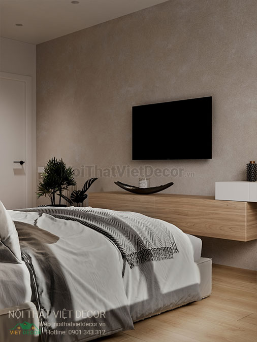 Nội thất Việt Decor mẫu phương án thiết kế phối cảnh 3D nội thất đẹp hiện đại căn hộ 1 phòng ngủ, kệ ti vi phòng ngủ