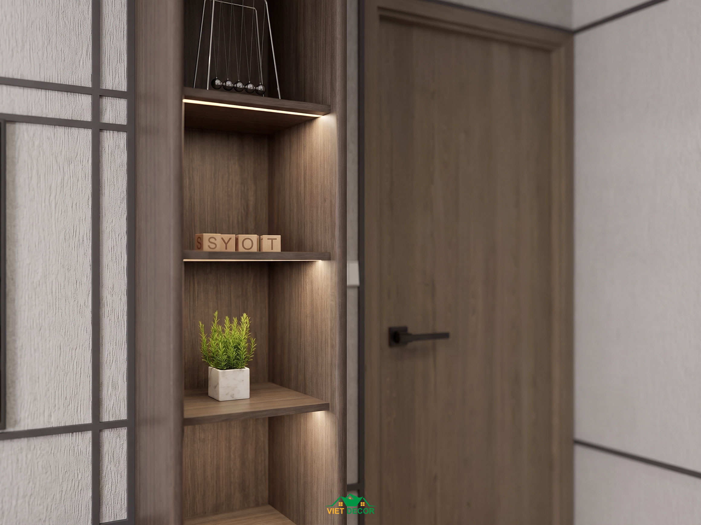 Nội Thất Việt Decor thiết kế thi công nội thất căn hộ 3 phòng ngủ The Opus One Vinhomes Grand Park TP HCM, kệ trang trí phòng ngủ master