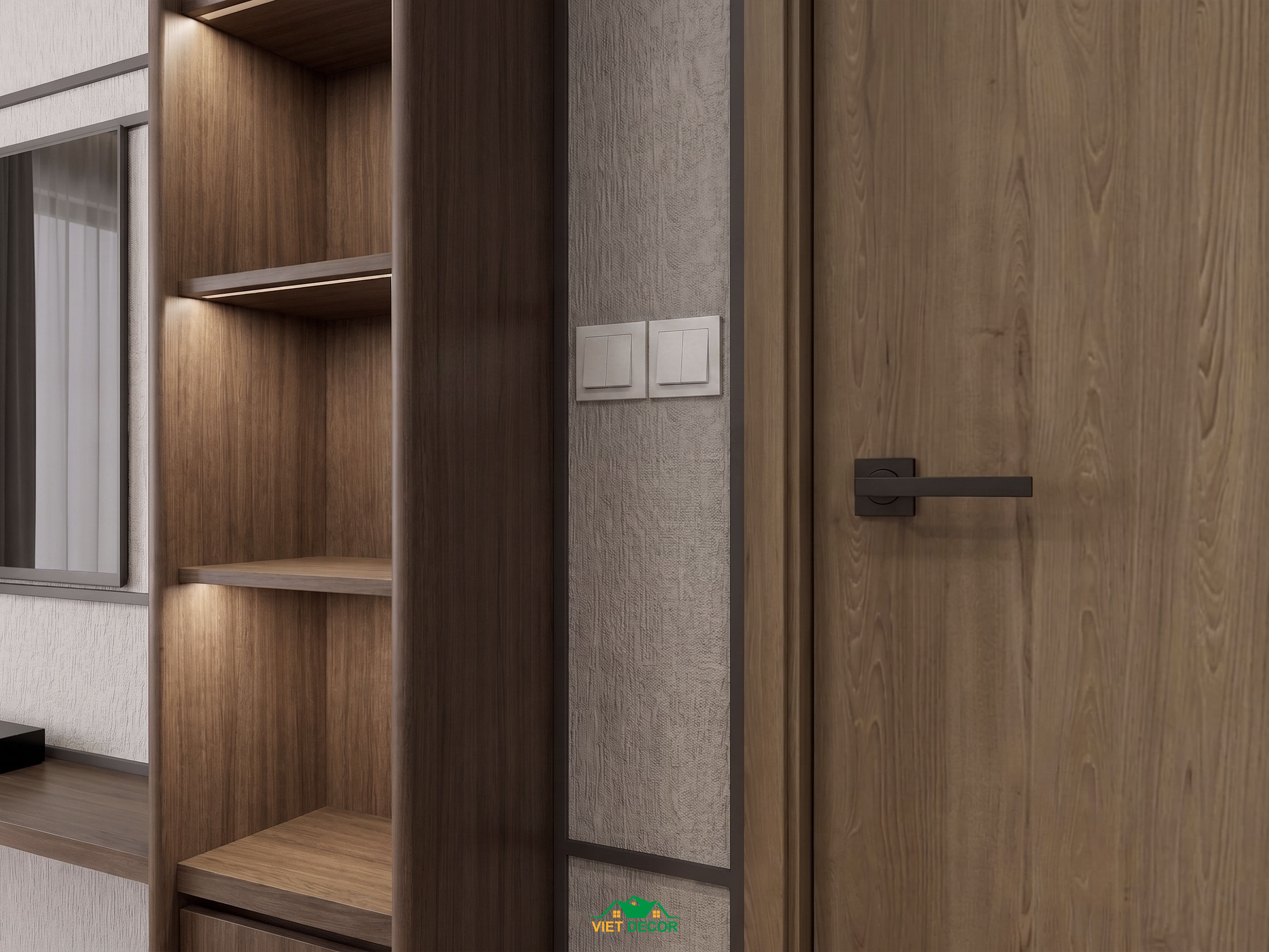 Nội Thất Việt Decor thiết kế thi công nội thất căn hộ 3 phòng ngủ The Opus One Vinhomes Grand Park TP HCM, kệ trang trí phòng ngủ master