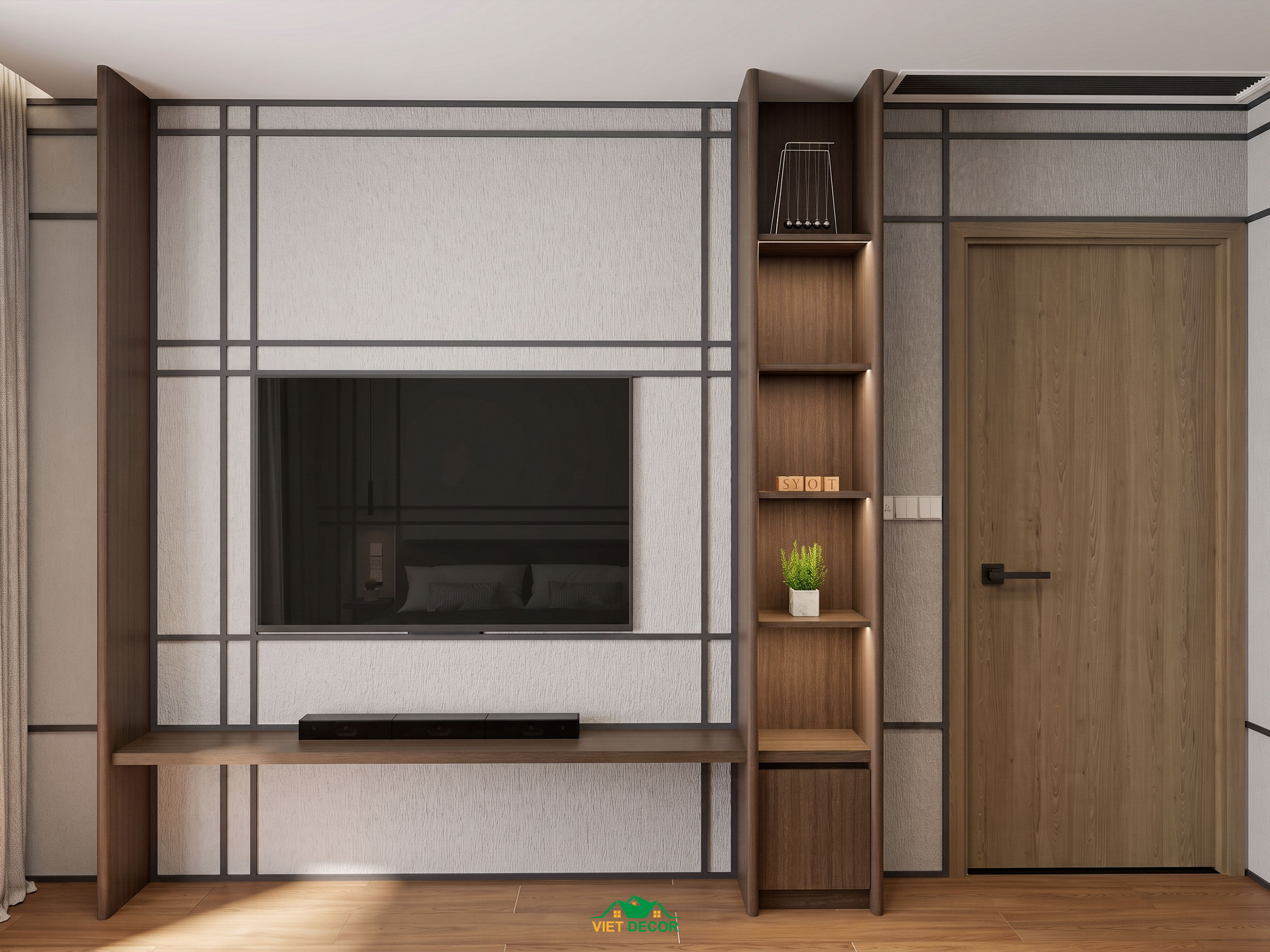 Nội Thất Việt Decor thiết kế thi công nội thất căn hộ 3 phòng ngủ The Opus One Vinhomes Grand Park TP HCM, kệ ti vi phòng ngủ master