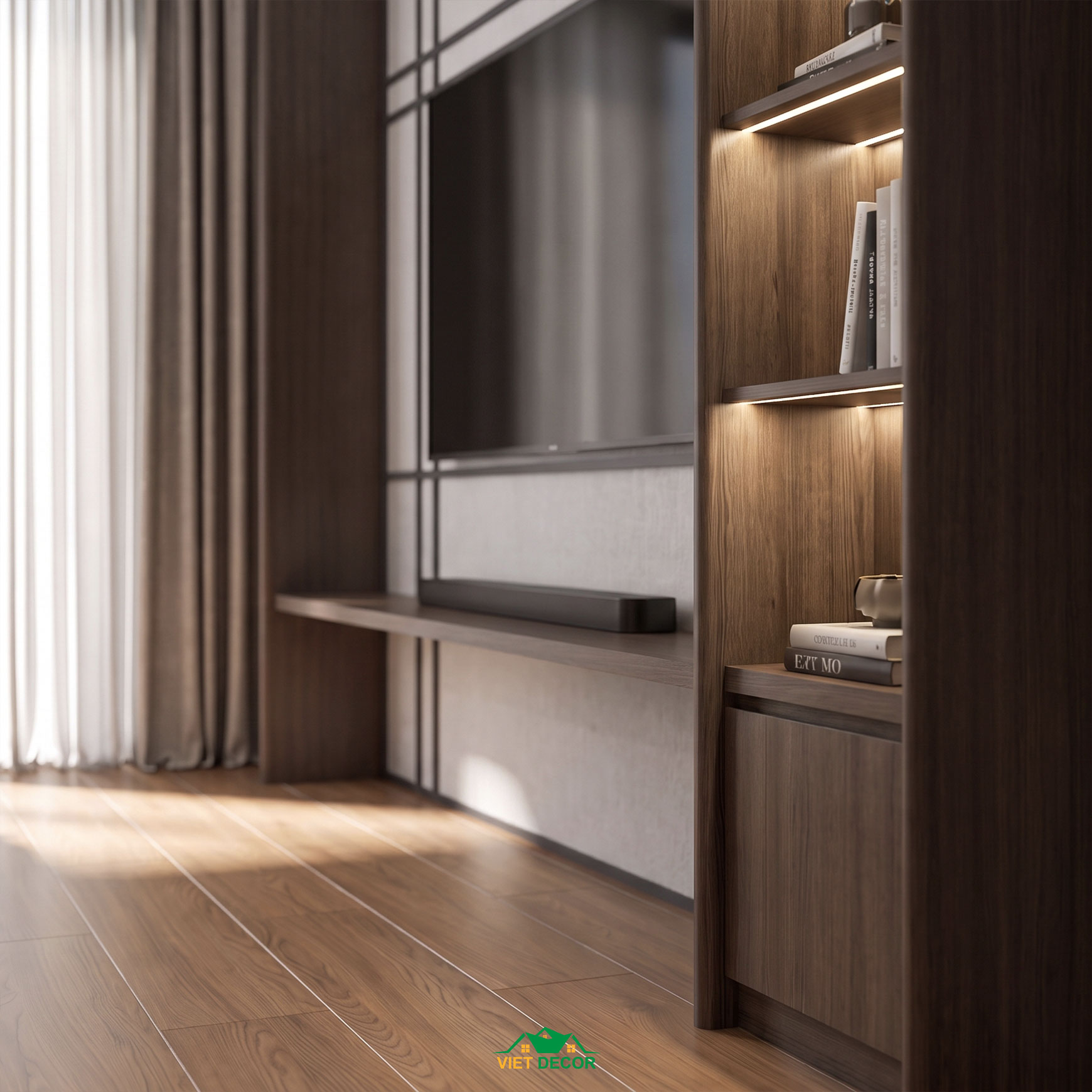 Nội Thất Việt Decor thiết kế thi công nội thất căn hộ 3 phòng ngủ The Opus One Vinhomes Grand Park TP HCM, tủ ti vi phòng ngủ master