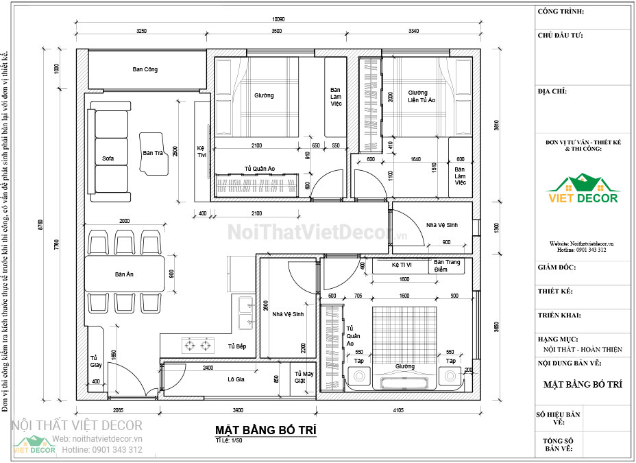 Nội thất Việt Decor thiết kế thi công nội thất căn hộ 3 phòng ngủ 89.39 m2 tại tp hồ chí minh mặt bằng bố trí 2D