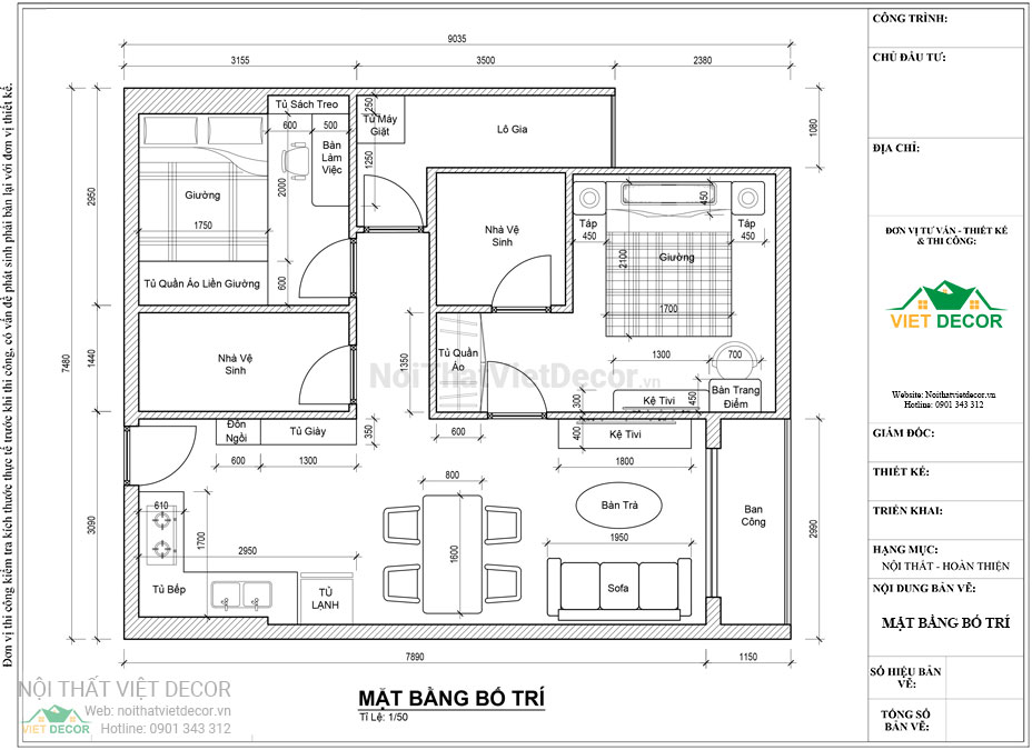Nội thất Việt Decor thiết kế thi công nội thất căn hộ 2 phòng ngủ tân cổ điển 62 m2 tại tp hồ chí minh mặt  bằng bố trí kích thước