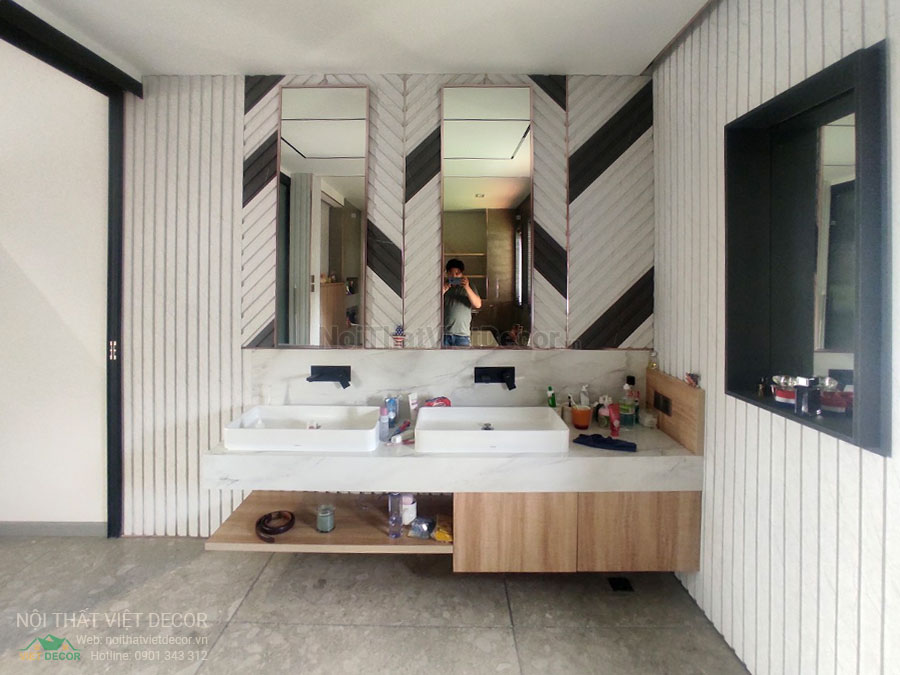 Nội Thất Việt Decor thiết kế thi công nội thất, tủ bếp gỗ công nghiệp An Cường, biệt thự 4 phòng ngủ Tp Thủ Đức, phòng ngủ gia chủ master, tủ lavabo nhà tắm