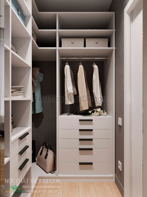 Nội thất Việt Decor mẫu phương án thiết kế phối cảnh 3D nội thất đẹp hiện đại căn hộ 1 phòng ngủ, tủ quần áo phòng thay đồ