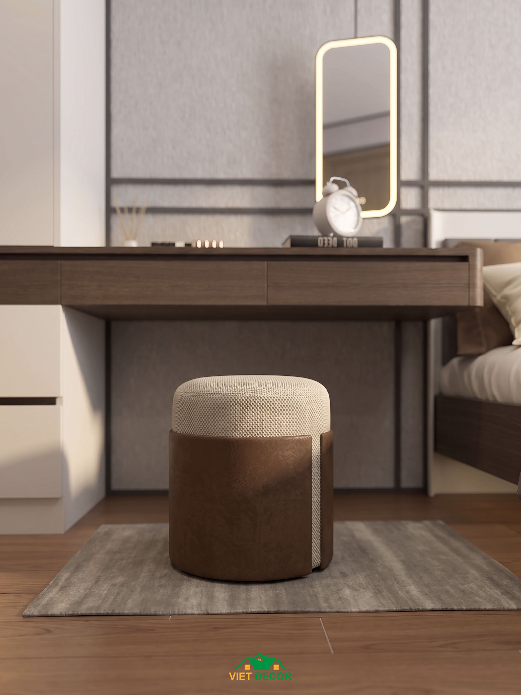 Nội Thất Việt Decor thiết kế thi công nội thất căn hộ 3 phòng ngủ The Opus One Vinhomes Grand Park TP HCM, đôn ngồi bàn trang điểm phòng ngủ master