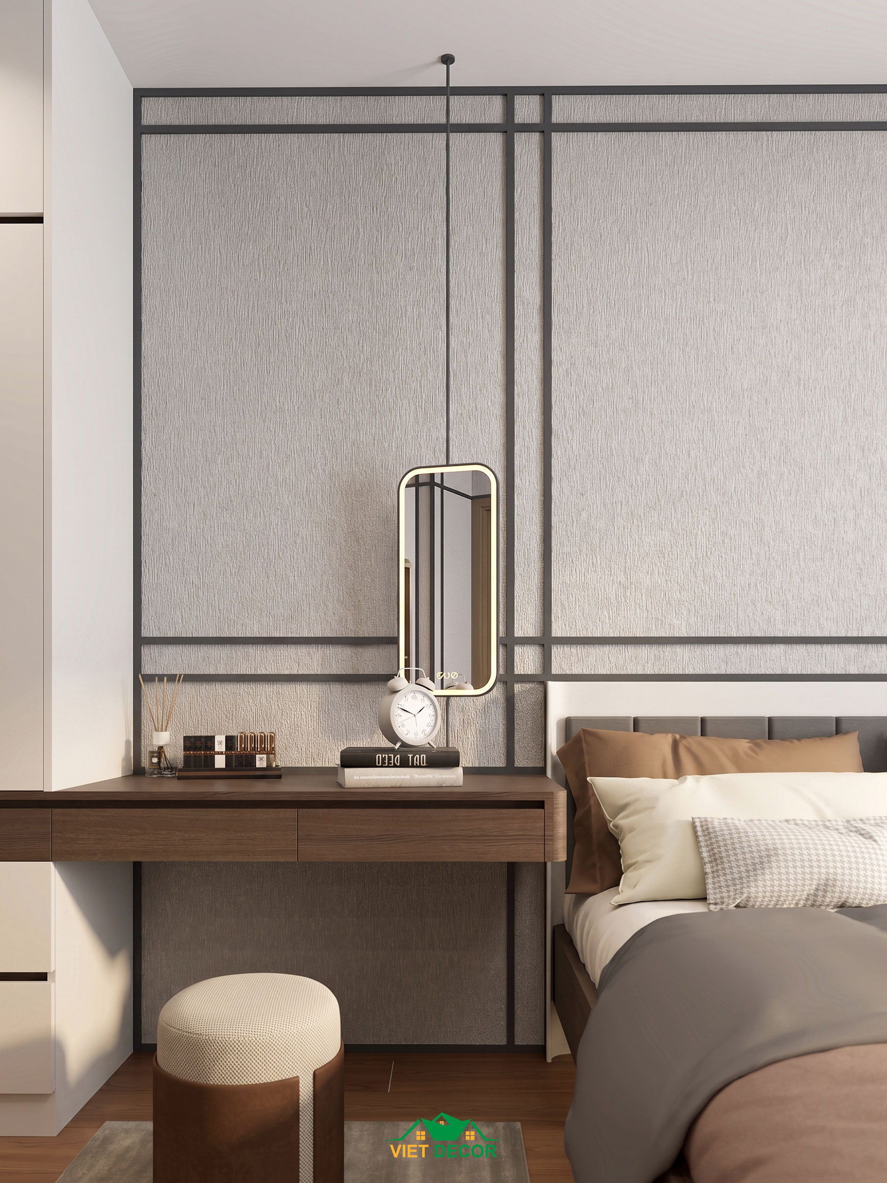 Nội Thất Việt Decor thiết kế thi công nội thất căn hộ 3 phòng ngủ The Opus One Vinhomes Grand Park TP HCM, bàn ghế trang điểm phòng ngủ master