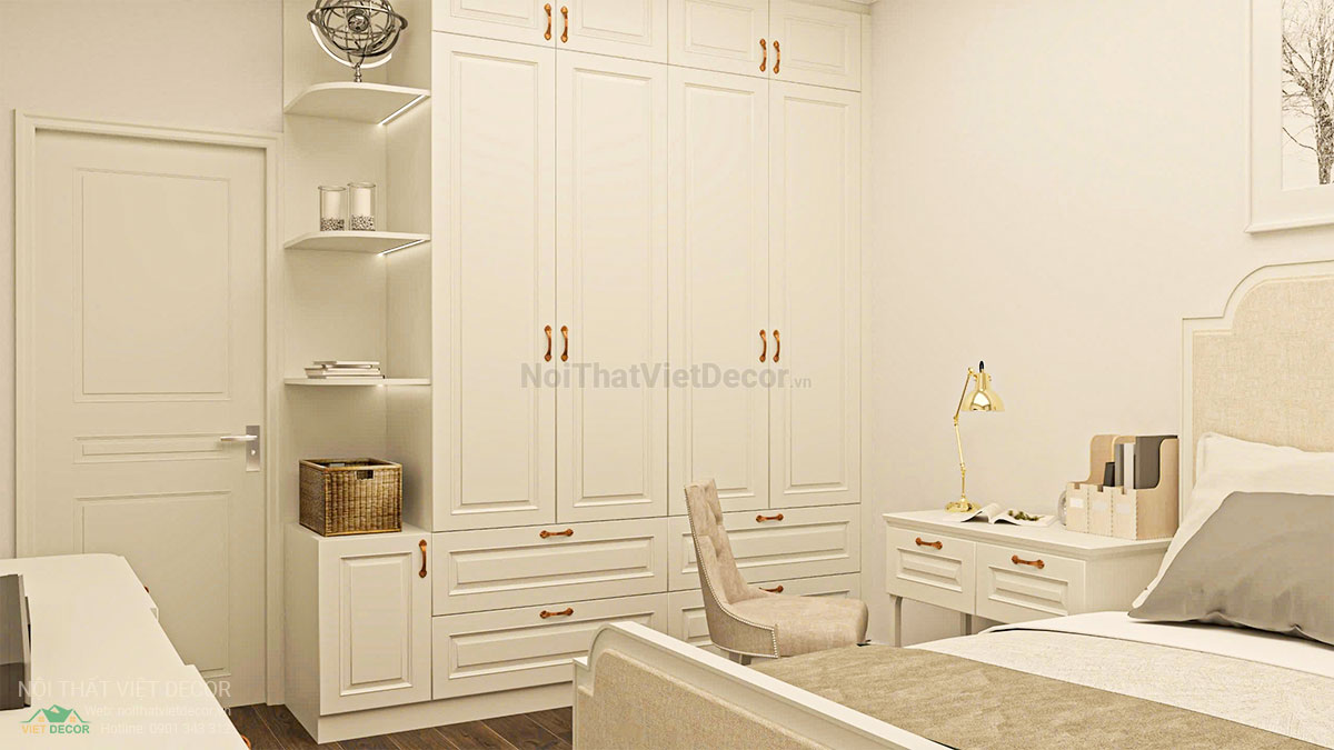 Nội thất Việt Decor thiết kế thi công nội thất tân cổ điển sang trọng luxury, nhà liên kế 3 tầng thuộc dự án Lavilla Green City Tân An, Long An, phòng ngủ 1 tầng 3