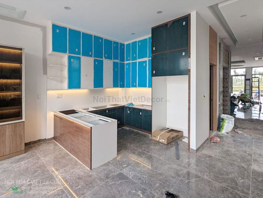 Nội Thất Việt Decor thiết kế thi công nội thất, tủ bếp gỗ công nghiệp An Cường, nhà phố 3 phòng ngủ tại tỉnh Cần Thơ, tủ bếp hiện đại chữ U