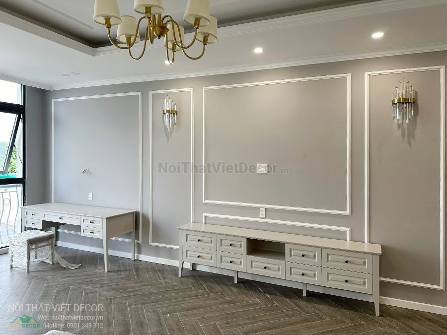 Nội Thất Việt Decor thiết kế thi công nội thất, tủ bếp gỗ công nghiệp An Cường, shophouse dự án Aminia Ninh Kiều Cần Thơ, phòng ngủ 2 kệ ti vi