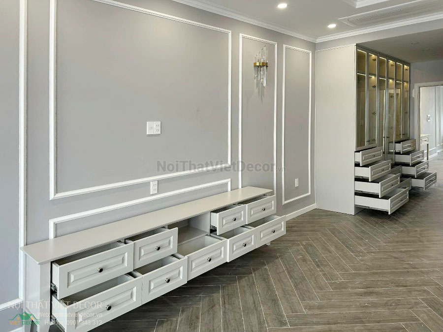 Nội Thất Việt Decor thiết kế thi công nội thất, tủ bếp gỗ công nghiệp An Cường, shophouse dự án Aminia Ninh Kiều Cần Thơ, phòng ngủ 2 kệ ti vi