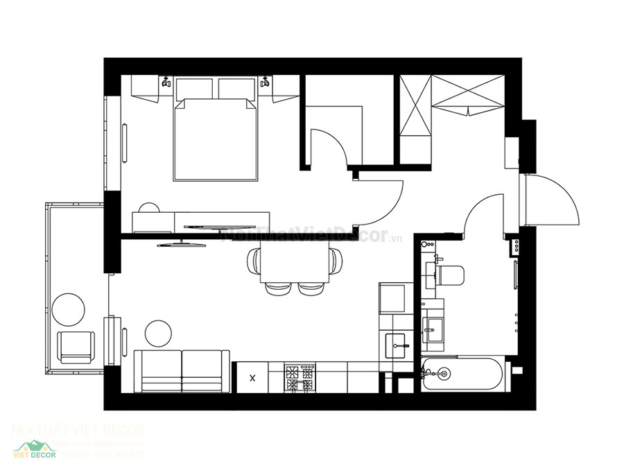 Nội thất Việt Decor mẫu phương án thiết kế phối cảnh 3D nội thất đẹp hiện đại căn hộ 1 phòng ngủ, mặt bằng bố trí 2D
