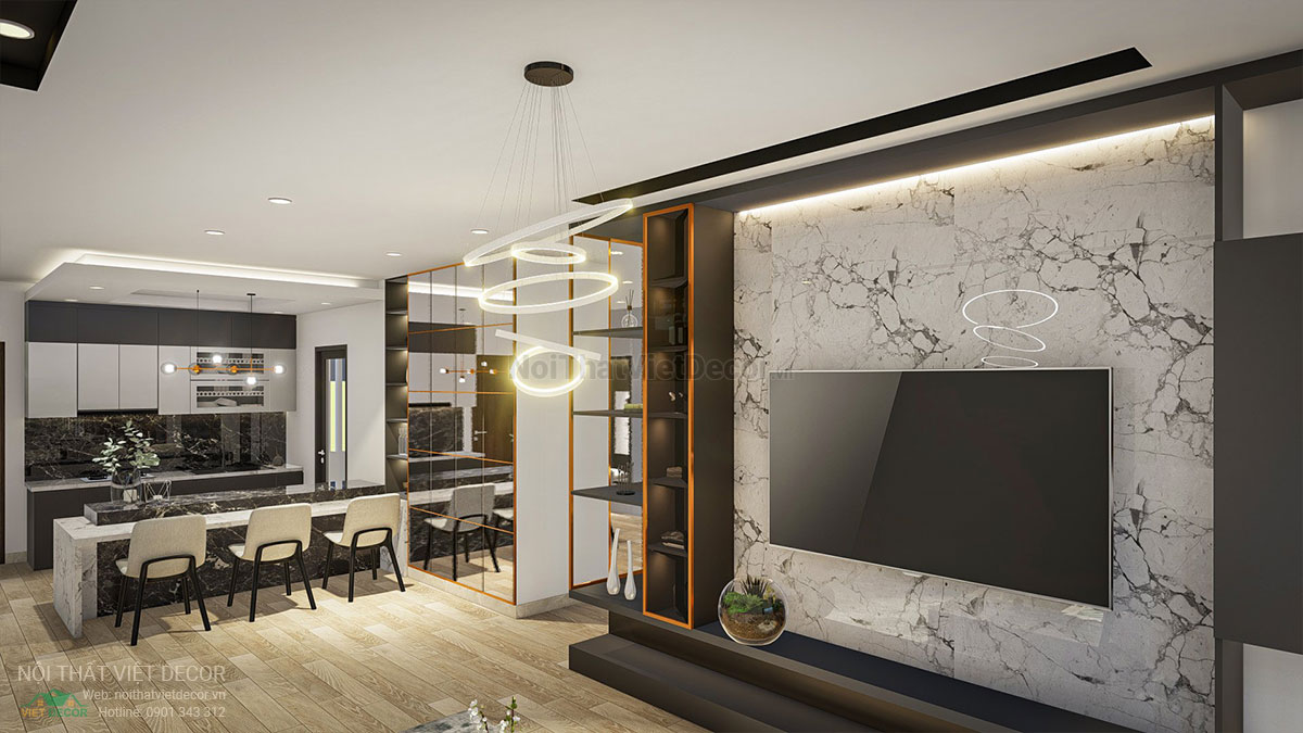 Nội thất Việt Decor mẫu phương án thiết kế phối cảnh 3D nội thất hiện đại căn hộ 3 phòng ngủ phòng khách bếp