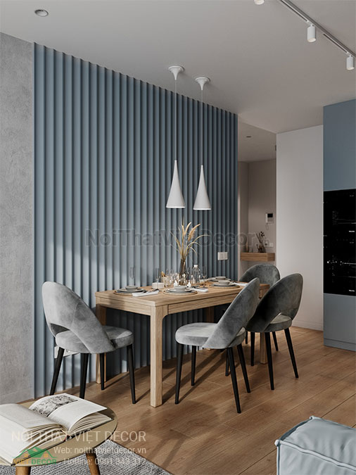 Nội thất Việt Decor mẫu phương án thiết kế phối cảnh 3D nội thất đẹp hiện đại căn hộ 1 phòng ngủ, bàn ăn nhà bếp