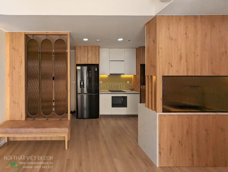 Nội Thất Việt Decor thiết kế thi công nội thất căn hộ 2 phòng ngủ chung cư Quận 9 Hồ Chí Minh, phòng khách bếp