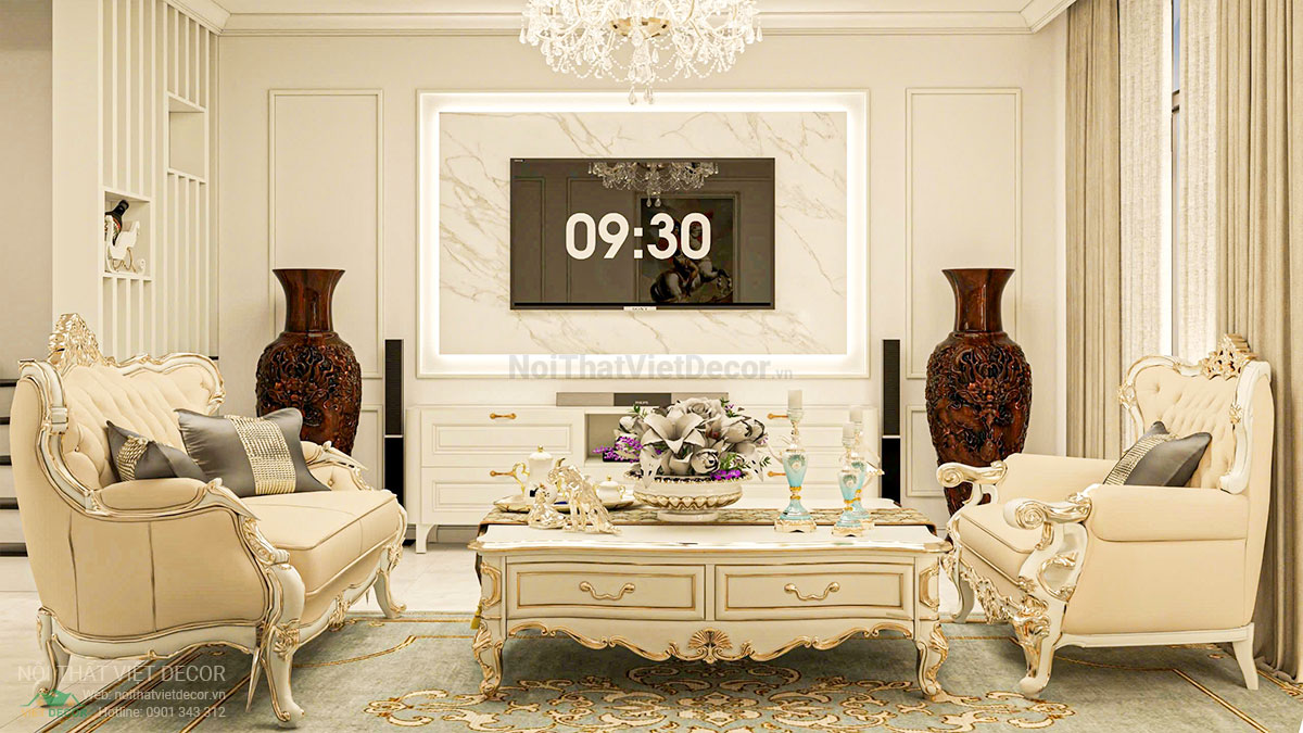 Nội thất Việt Decor thiết kế thi công nội thất tân cổ điển sang trọng luxury, nhà liên kế 3 tầng thuộc dự án Lavilla Green City Tân An, Long An, phòng khách