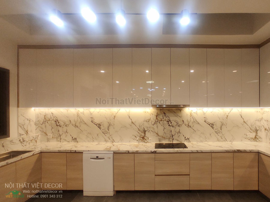 Nội Thất Việt Decor thiết kế thi công nội thất, tủ bếp gỗ công nghiệp An Cường, biệt thự 4 tầng tại dự án Lovera Premier Bình Chánh Tp Hồ Chí Minh, tủ bếp hiện đại chữ U