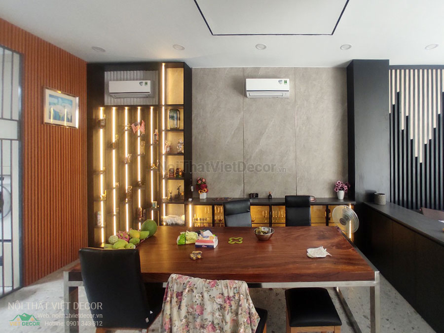 Nội Thất Việt Decor thiết kế thi công nội thất, tủ bếp gỗ công nghiệp An Cường, biệt thự 4 phòng ngủ Tp Thủ Đức, phòng khách bếp, tủ rượu, bàn ăn