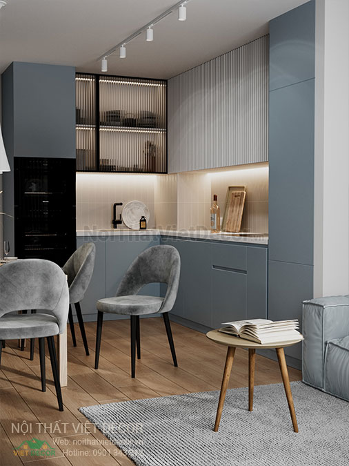 Nội thất Việt Decor mẫu phương án thiết kế phối cảnh 3D nội thất đẹp hiện đại căn hộ 1 phòng ngủ, tủ bếp