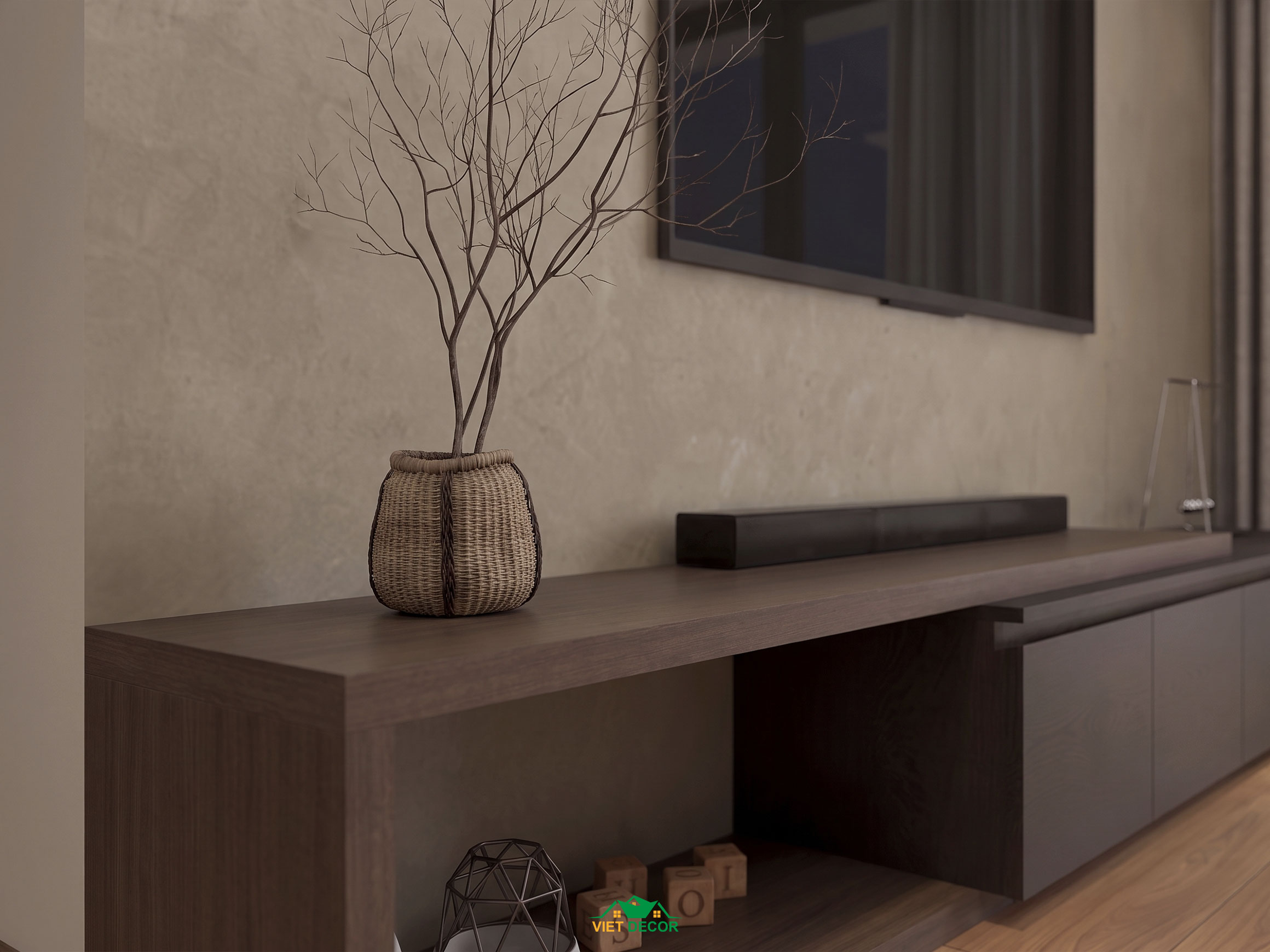 Nội Thất Việt Decor thiết kế thi công nội thất căn hộ 3 phòng ngủ The Opus One Vinhomes Grand Park TP HCM, kệ ti vi