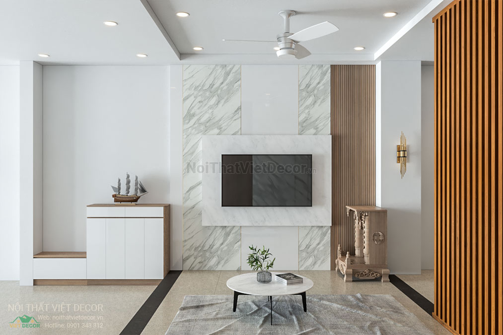 Nội thất Việt Decor thiết kế thi công nội thất nhà phố 3 phòng ngủ tại huyện Nhà Bè, thành phố Hồ Chí Minh, kệ ti vi phòng khách