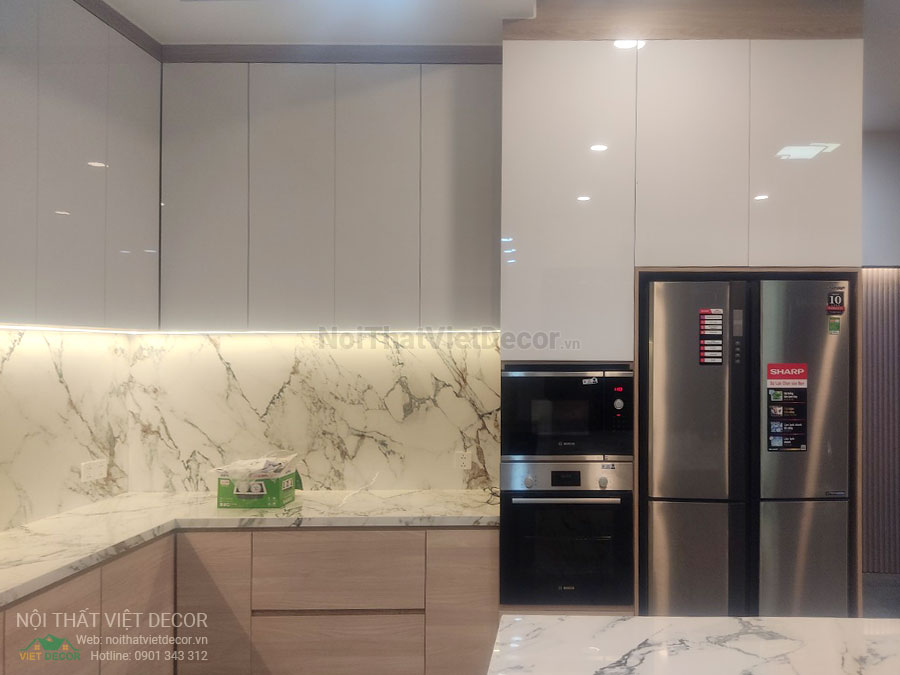 Nội Thất Việt Decor thiết kế thi công nội thất, tủ bếp gỗ công nghiệp An Cường, biệt thự 4 tầng tại dự án Lovera Premier Bình Chánh Tp Hồ Chí Minh, tủ bếp hiện đại chữ U