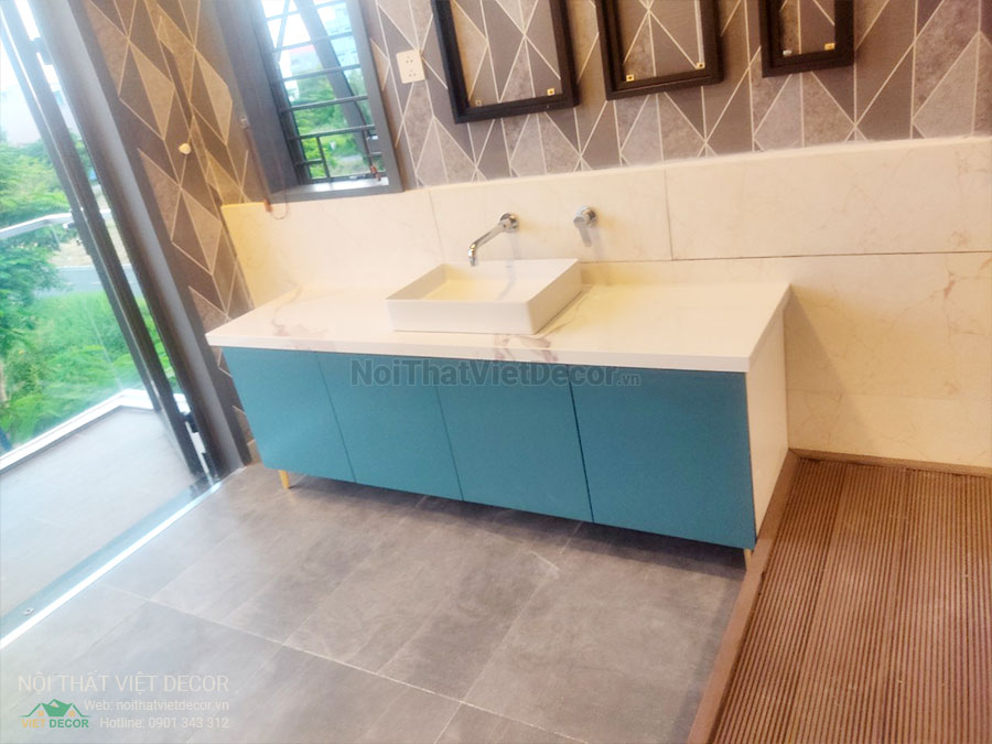 Nội Thất Việt Decor thiết kế thi công nội thất, tủ bếp gỗ công nghiệp An Cường, biệt thự 4 tầng tại dự án Lovera Premier Bình Chánh Tp Hồ Chí Minh, phòng tắm tủ lavabo