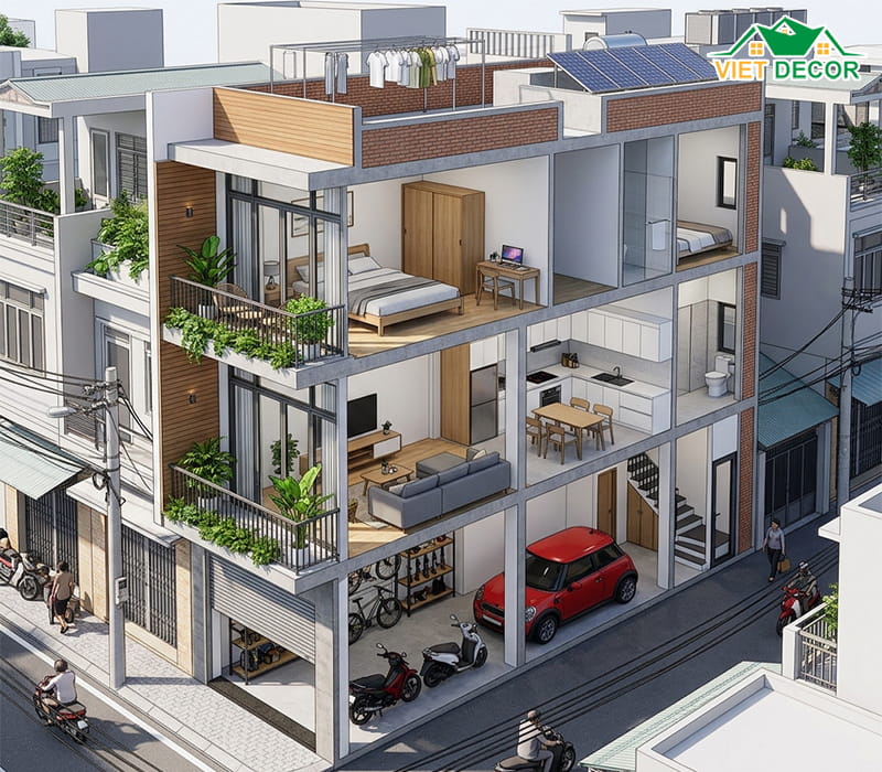 Mẫu thiết kế nhà 4x16m kết hợp không gian kinh doanh hoặc gara