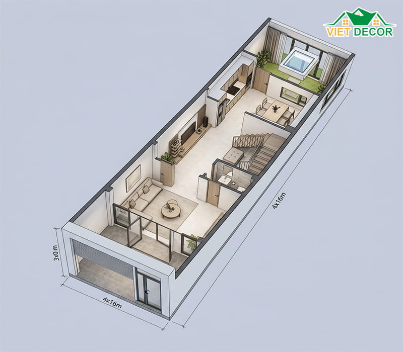 Bản vẽ mặt bằng tầng 1: Khu vực sinh hoạt chung và Gara
