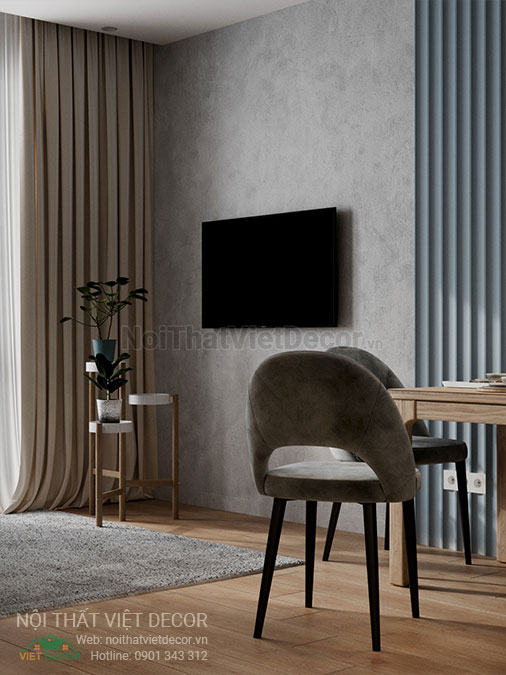 Nội thất Việt Decor mẫu phương án thiết kế phối cảnh 3D nội thất đẹp hiện đại căn hộ 1 phòng ngủ, ti vi phòng khách