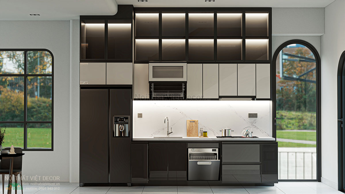 Nội Thất Việt Decor thiết kế hồ sơ phối cảnh nội thất 3D tủ bếp inox cánh kính nhà phố tại thành phố Gò Công tỉnh Tiền Giang