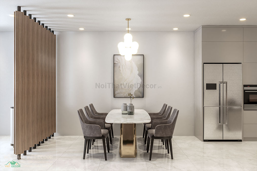 Nội thất Việt Decor thiết kế thi công nội thất nhà phố 3 phòng ngủ tại quận 7, thành phố Hồ Chí Minh, phối cảnh 3D tủ bếp, bàn ăn