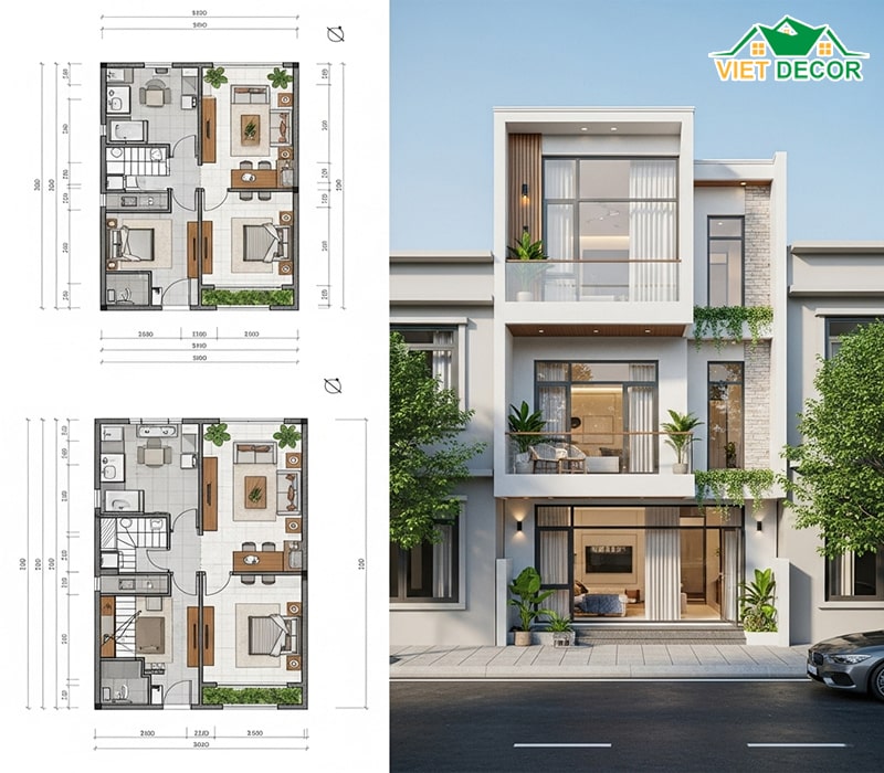 Mẫu nhà ống 2 tầng có gác lửng 5×20 kèm bản vẽ thiết kế