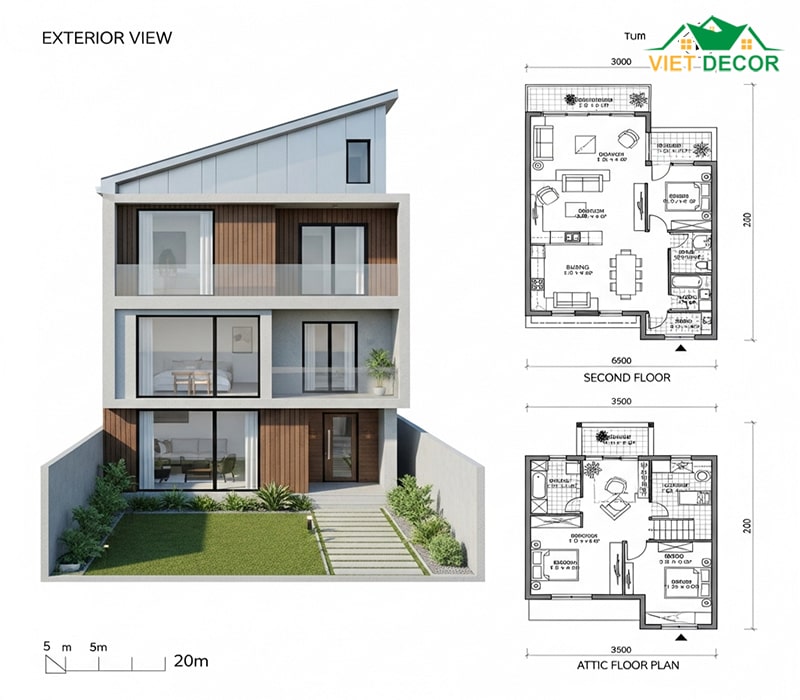 Bản vẽ nhà 5×20 2 tầng 1 tum