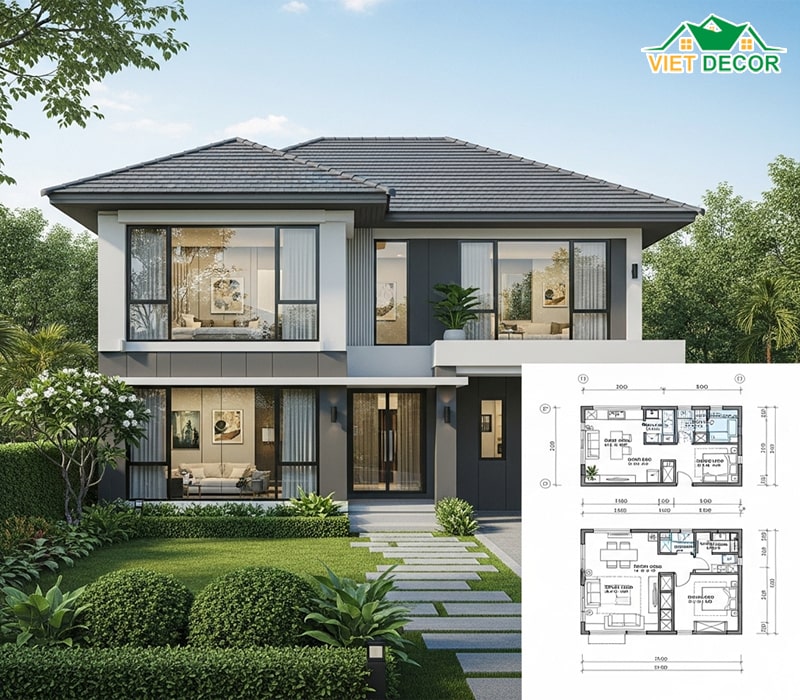 Mẫu nhà 2 tầng 5×20 mái thái kèm bản vẽ thiết kế
