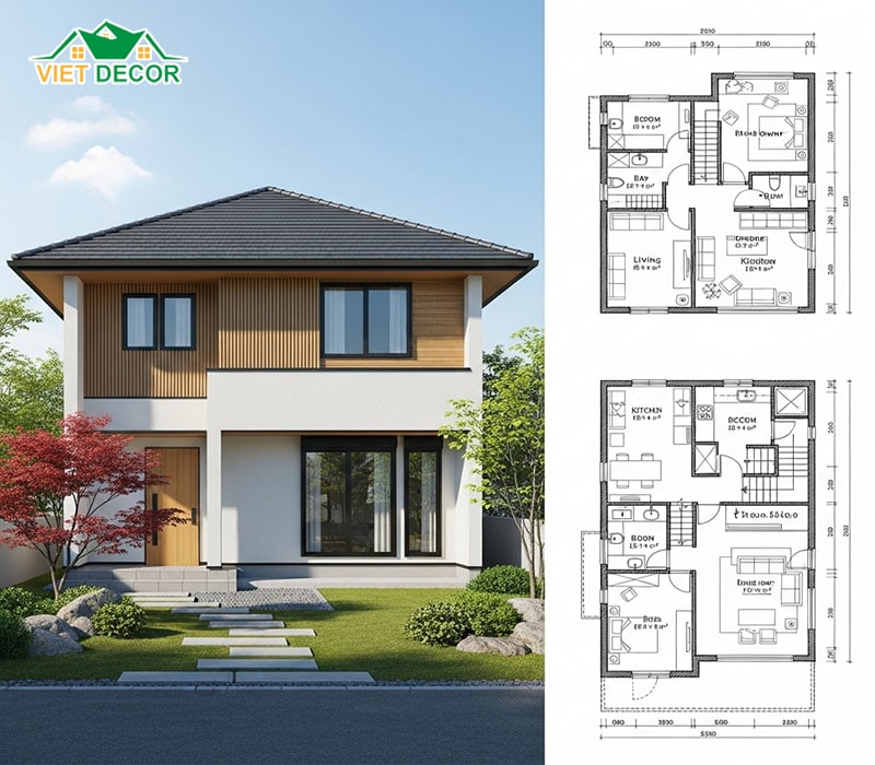 Bản vẽ thiết kế nhà 2 tầng mái nhật 5×20