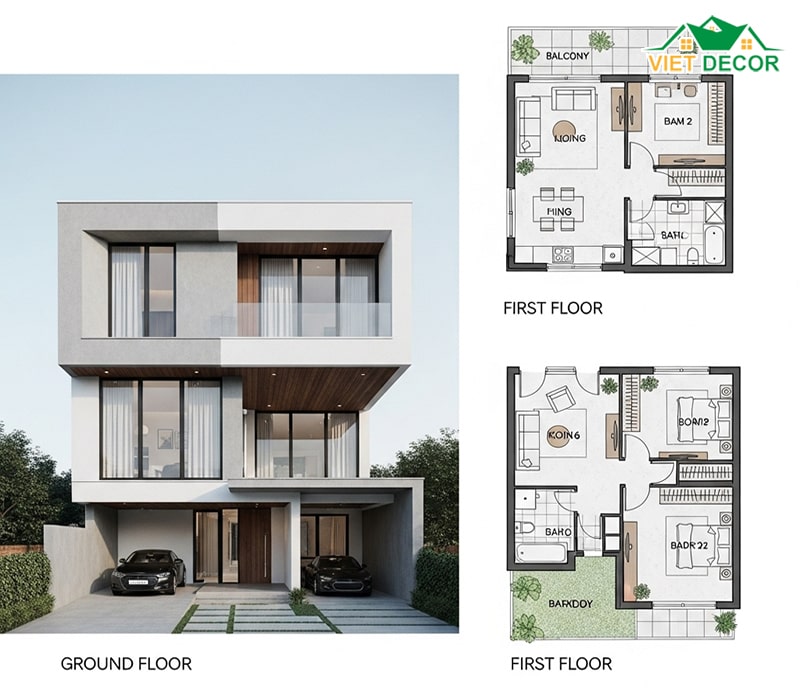 Bản vẽ thiết kế nhà ống 2 tầng 5x20 hiện đại, tối giản