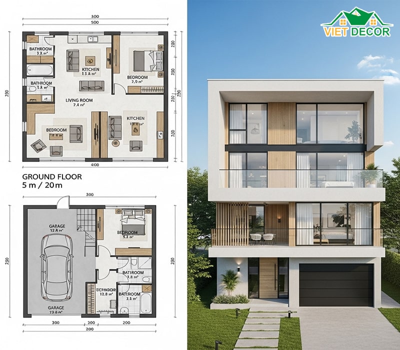 Bản vẽ nhà ống 2 tầng 5x20 có gara ô tô