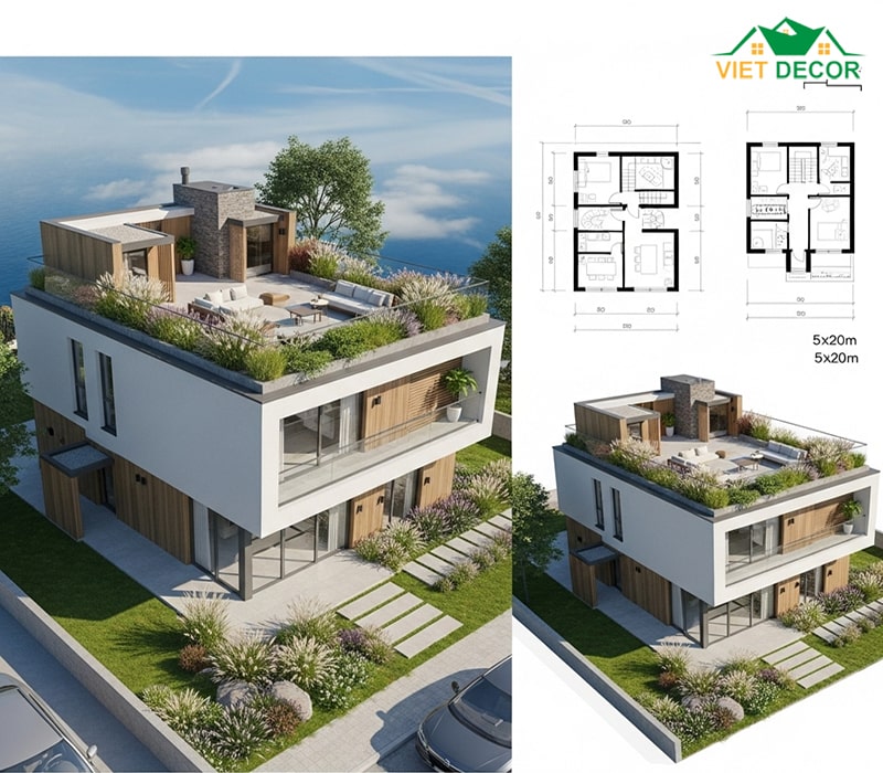 Bản vẽ thiết kế nhà 2 tầng 5x20 thiết kế sân thượng xanh