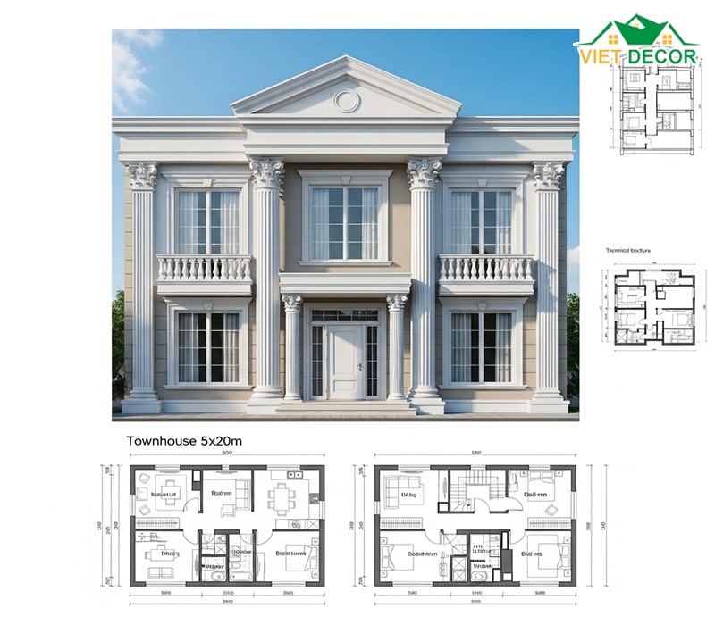 Bản vẽ nhà phố 2 tầng 5x20 phong cách tân cổ điển