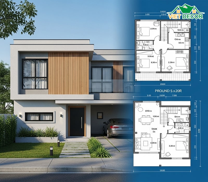 Bản vẽ nhà 5×20 2 tầng 3 phòng ngủ