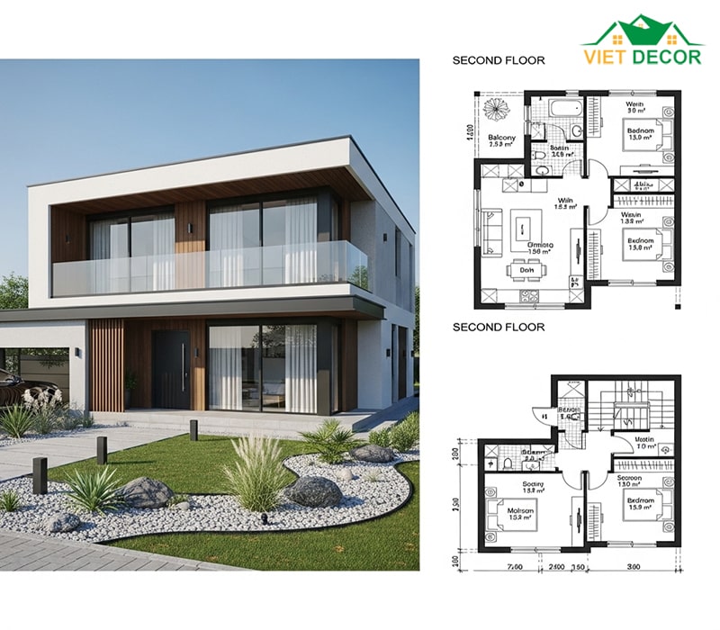 Nhà 2 tầng 4 phòng ngủ 5×20 kèm bản vẽ thiết kế
