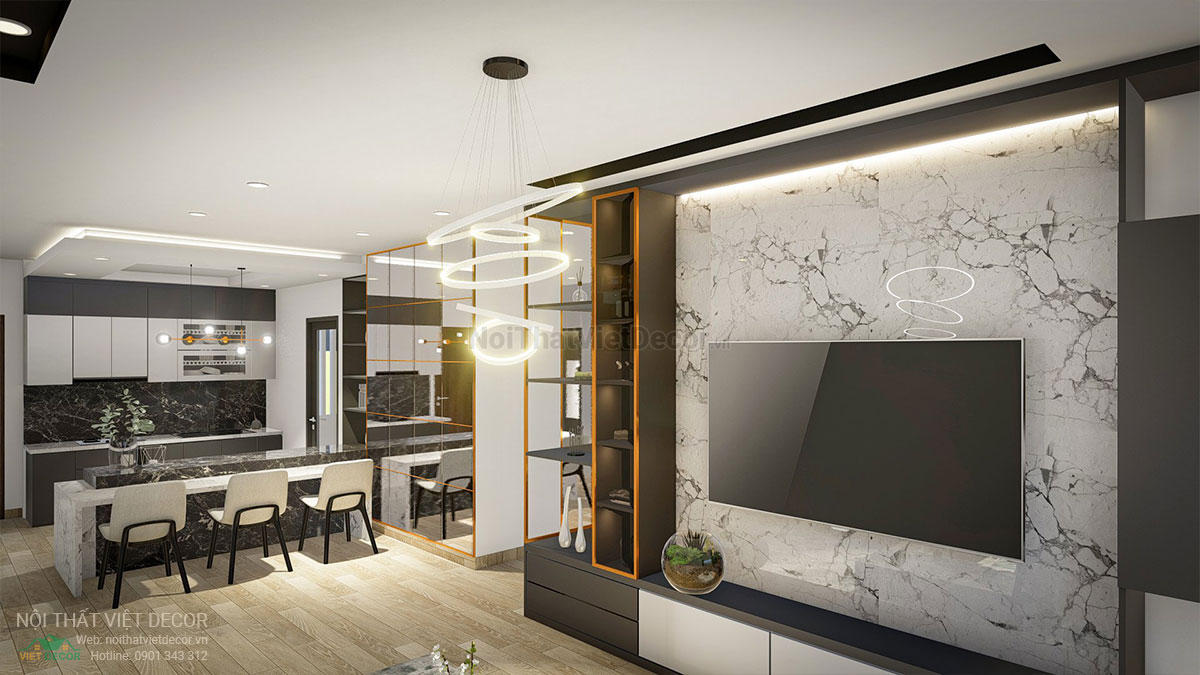 Nội thất Việt Decor mẫu phương án thiết kế phối cảnh 3D nội thất hiện đại căn hộ 3 phòng ngủ vách kệ tivi