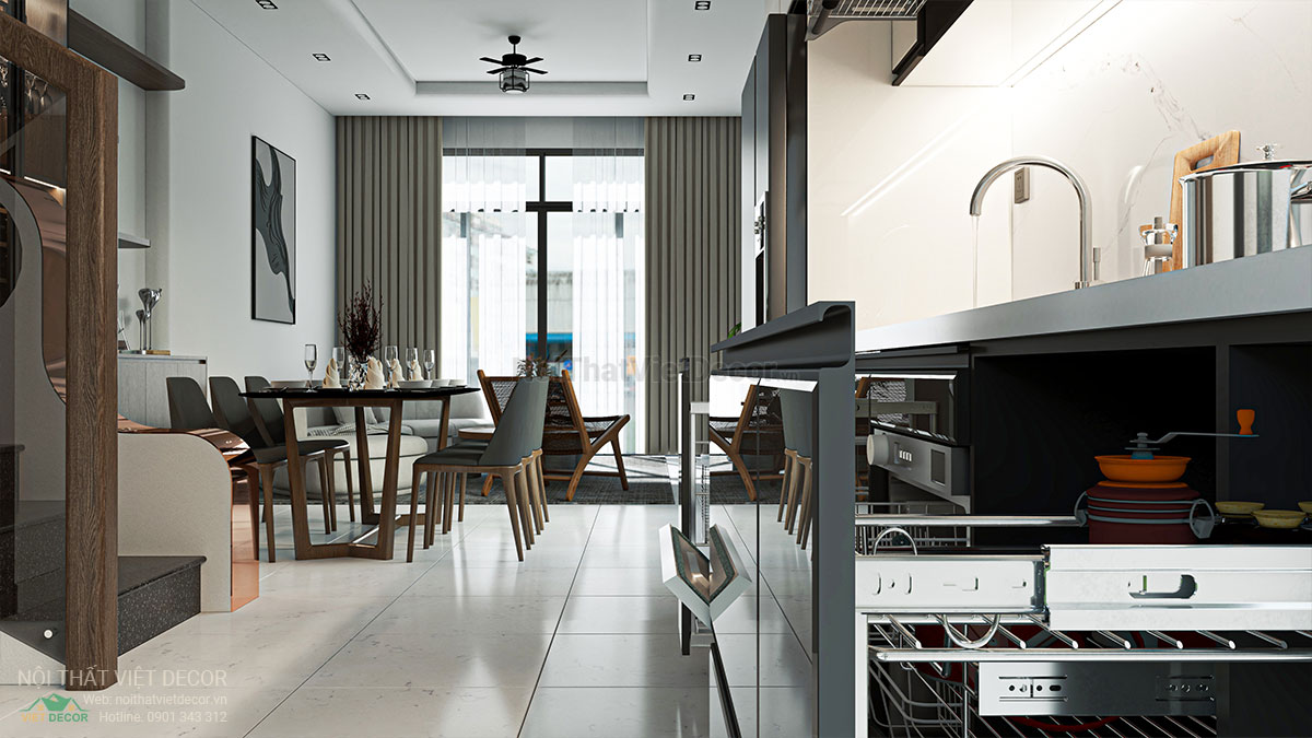 Nội Thất Việt Decor thiết kế hồ sơ phối cảnh nội thất 3D tủ bếp inox cánh kính nhà phố tại thành phố Gò Công tỉnh Tiền Giang