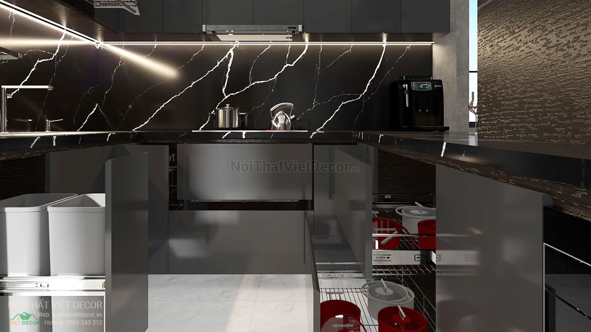 Nội thất Việt Decor thiết kế thi công nội thất hiện đại, biệt thự song lập 3 tầng tại Bến Lức Long An, tủ bếp