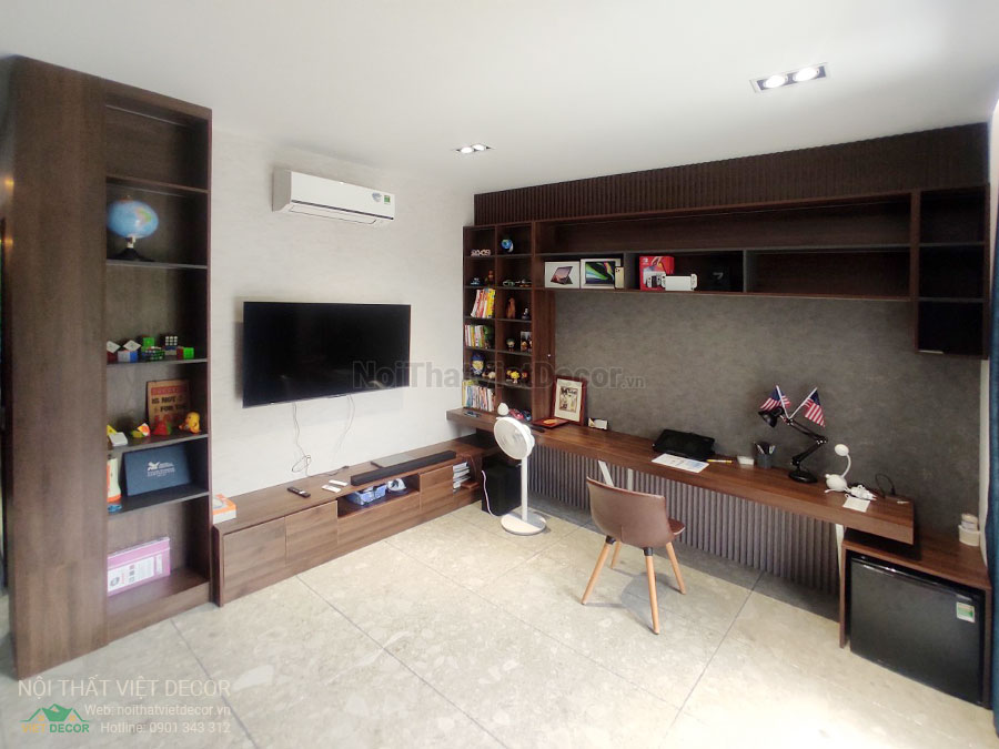 Nội Thất Việt Decor thiết kế thi công nội thất, tủ bếp gỗ công nghiệp An Cường, biệt thự 4 phòng ngủ Tp Thủ Đức, phòng ngủ 4, kệ tivi, bàn làm việc