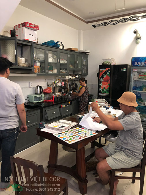 Nội thất Việt Decor thiết kế thi công tủ bếp hiện đại chữ I, gỗ công nghiệp MDF chống ẩm phủ melamine, nhựa sơn 2k An Cường quận Tân Phú Hồ Chí Minh - khảo sát hiện trạng